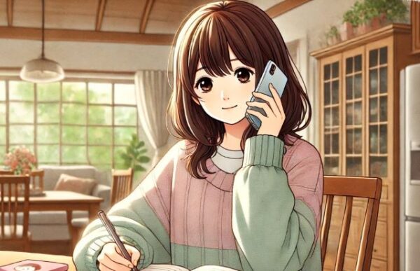 スマホで聞きながらメモを取っている女性