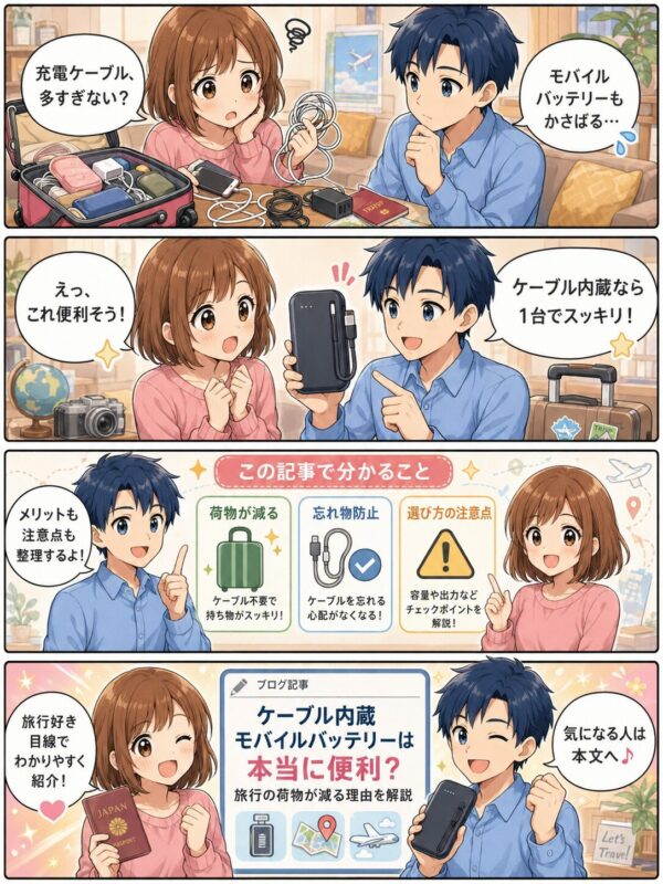 ケーブル内蔵モバイルバッテリーは本当に便利？旅行ガチ勢が語る「荷物激減」の秘密！