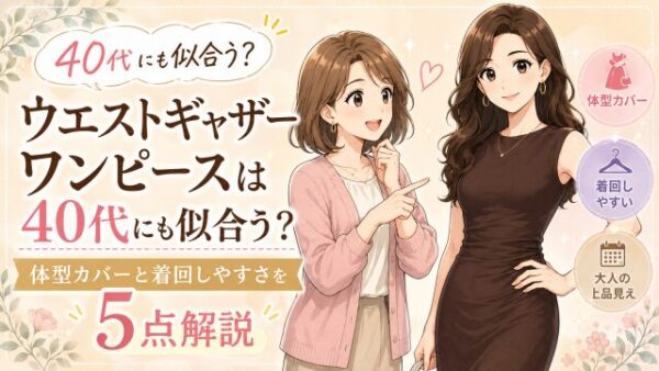 タイトル『ウエストギャザーワンピースは40代にも似合う？体型カバーと着回しやすさを5点解説』の記事の