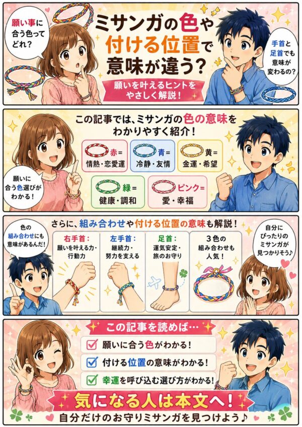願いを叶えるには?ミサンガの色や幸運を呼び込む付ける位置が持つ意味などを解説!